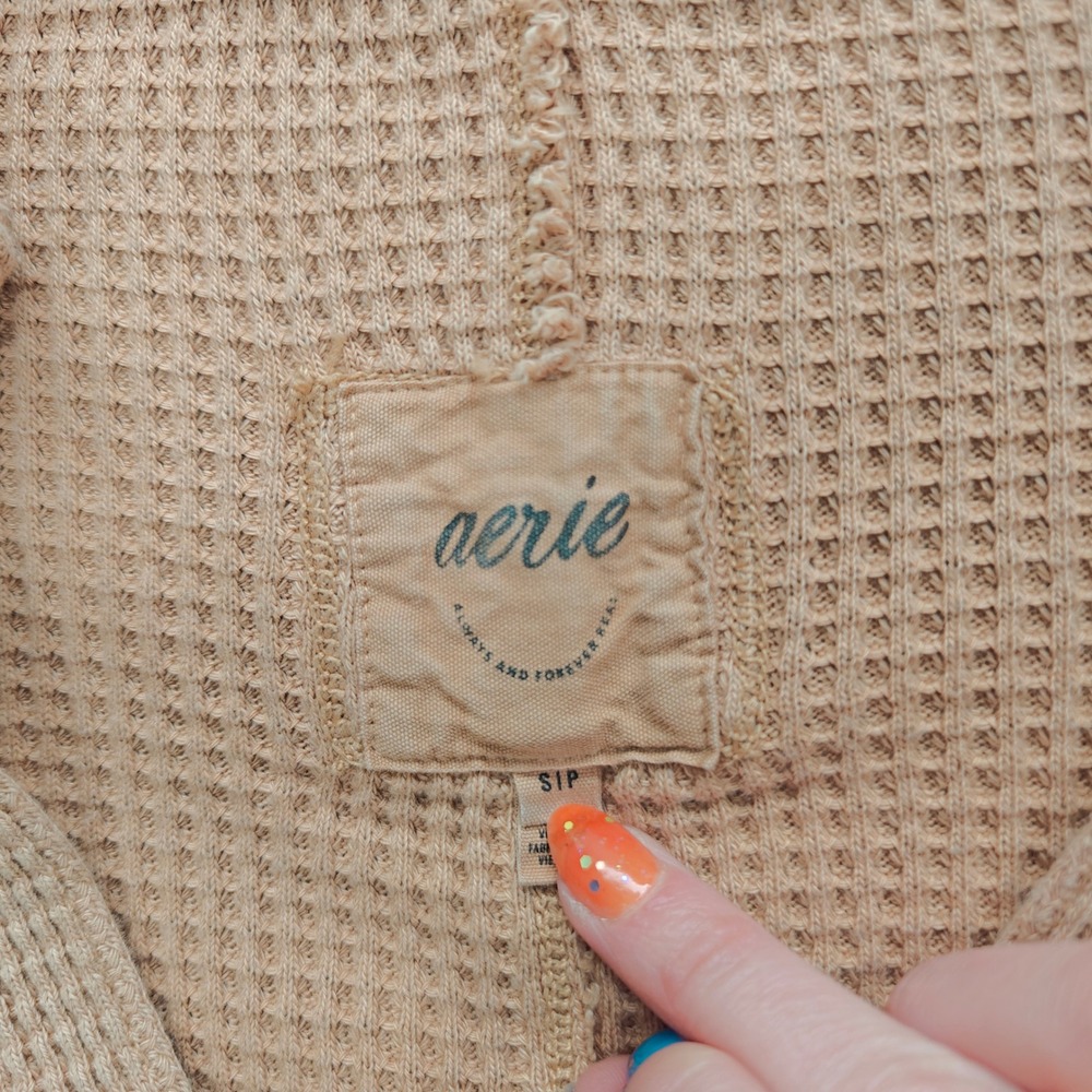 Aerie Oversized Waffle Knit Pullover V-Neck Long Sleeve Womens S‎ Granola Hiking - Picture 4 of 9